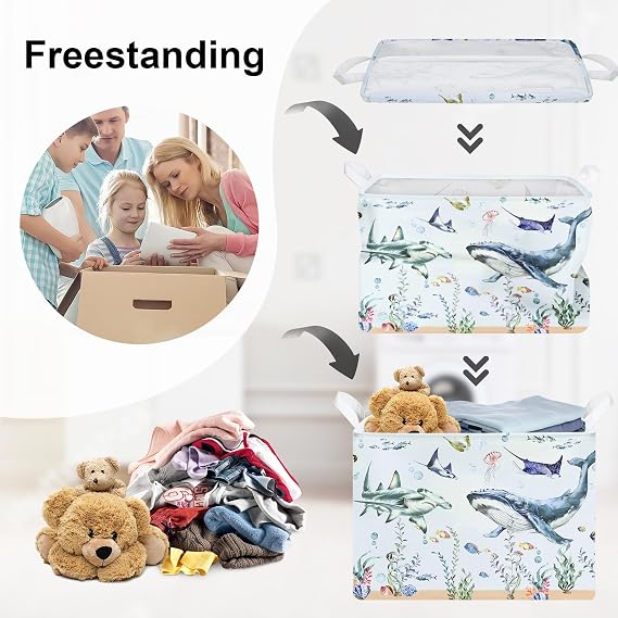 Ocean Animals Baby Laundry Hamper Collapsible Clothes Kids Storage Basket Large Boys Girls Gift Toy Box Bin for Nursery Room, Blue Shark, 36L