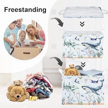 Ocean Animals Baby Laundry Hamper Collapsible Clothes Kids Storage Basket Large Boys Girls Gift Toy Box Bin for Nursery Room, Blue Shark, 36L