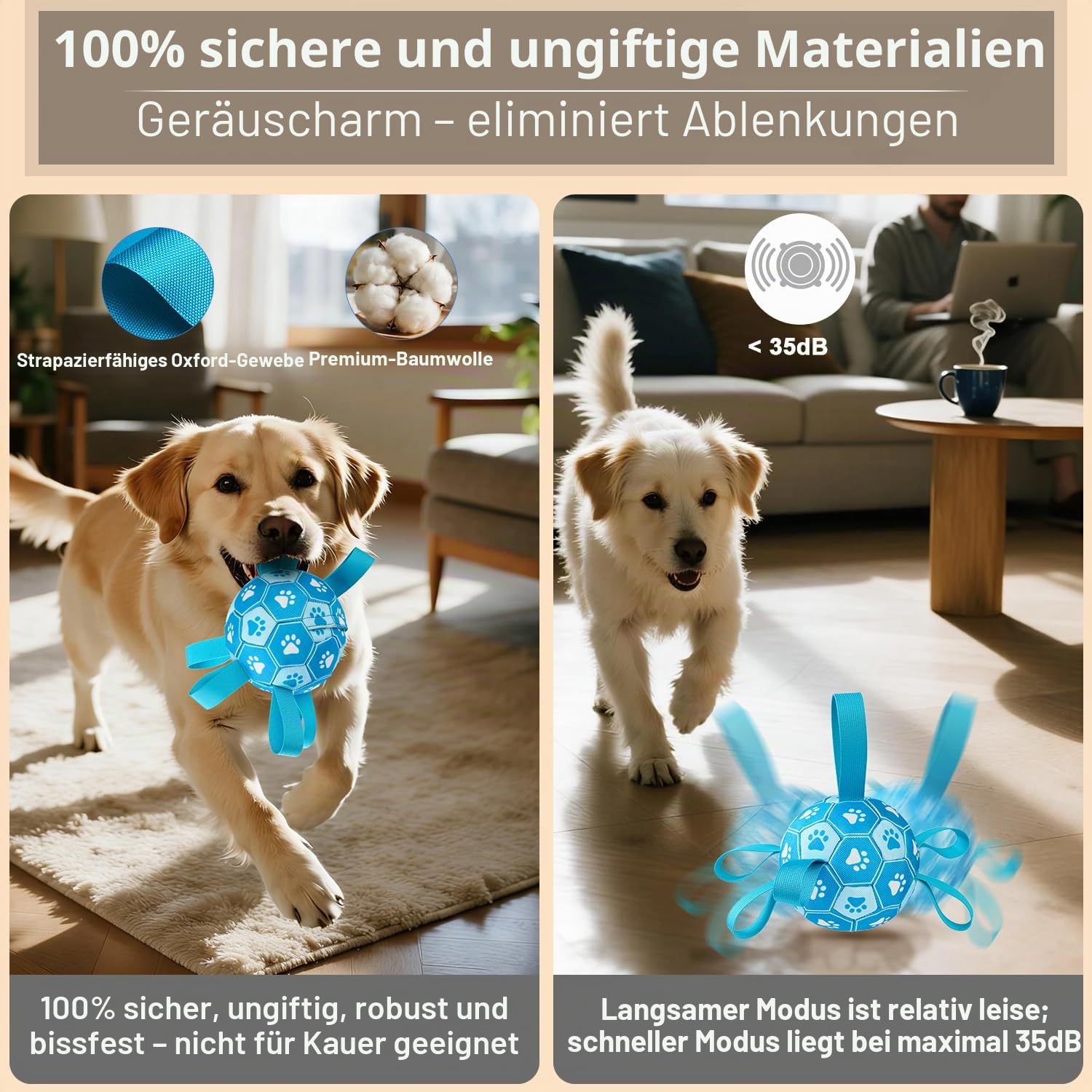 Interaktive Hundespielzeuge, Hundefußball zur Beschäftigung, haltbare automatisch bewegende und springende Hundebälle mit Gurten für kleine/mittlere/große Hunde, USB-aufladbar(Blau)