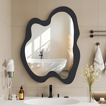 Irregular Wall Mirror - 20" x 28" Asymmetrical Wavy Mirror, Modern Decorative Wall Mirror with Black Wood Frame for Bedroom, Living Room, Entryway, Bathroom, Cloakroom