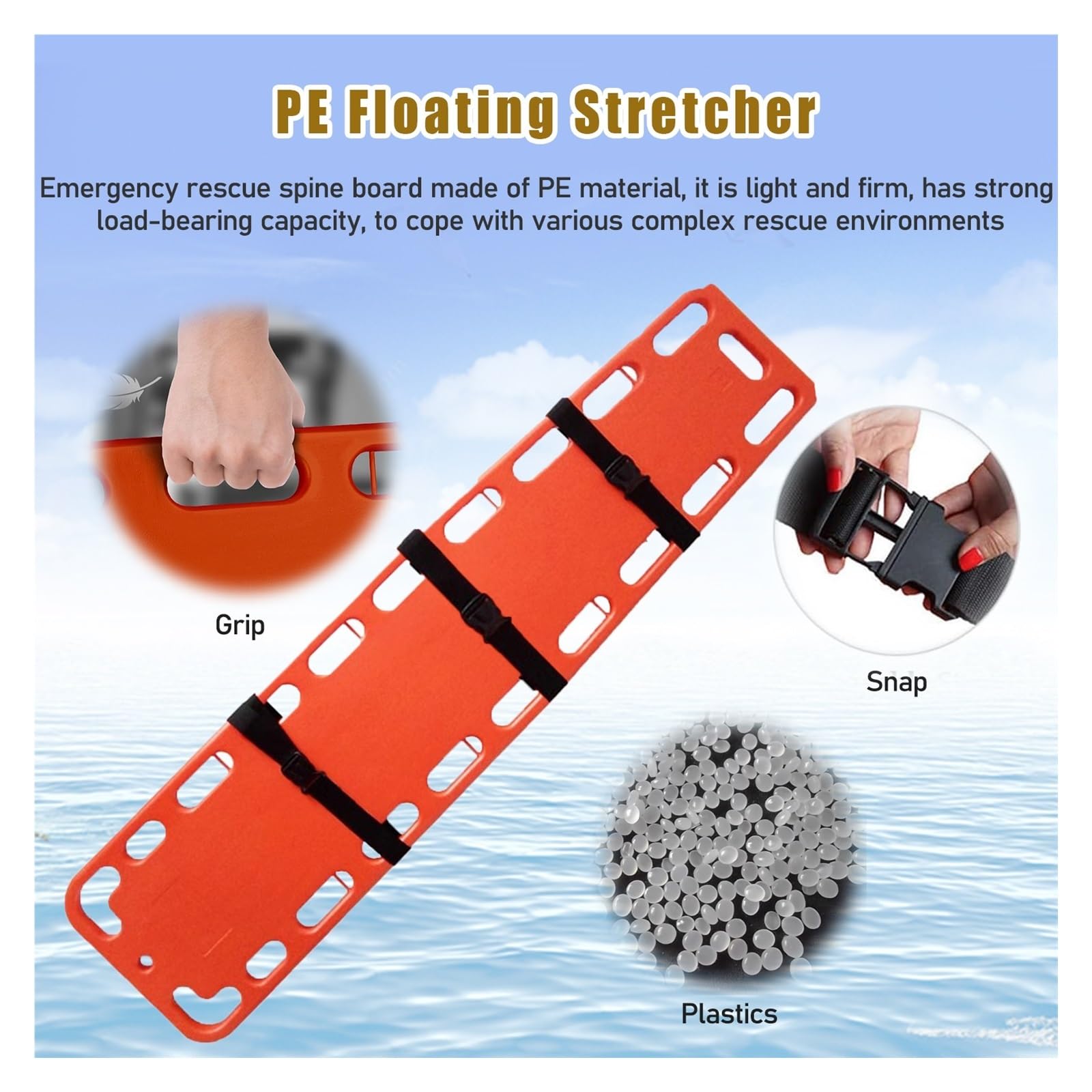 HAIXHX Spineboards Notfall-Rettungstrage Für Rettungsschwimmer, Schwimmendes Tragenbrett Für Schwimmbäder, Erste-Hilfe-Wirbelsäulentransferbrett Mit Immobilisationsgurtsystem(Orange)
