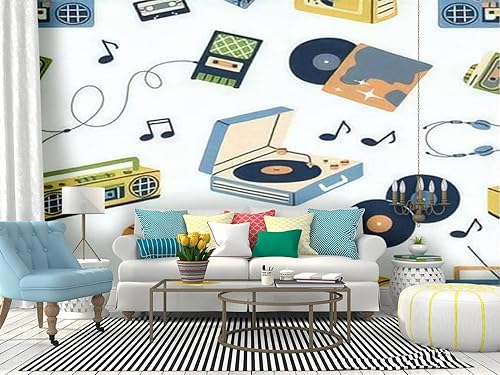 Miniatura 2 de Música retro sin costuras casetes boomboxes tocadiscos grabadoras de cinta de lienzo papel tapiz autoadhesivo autoadhesivo despegar y pegar, mural