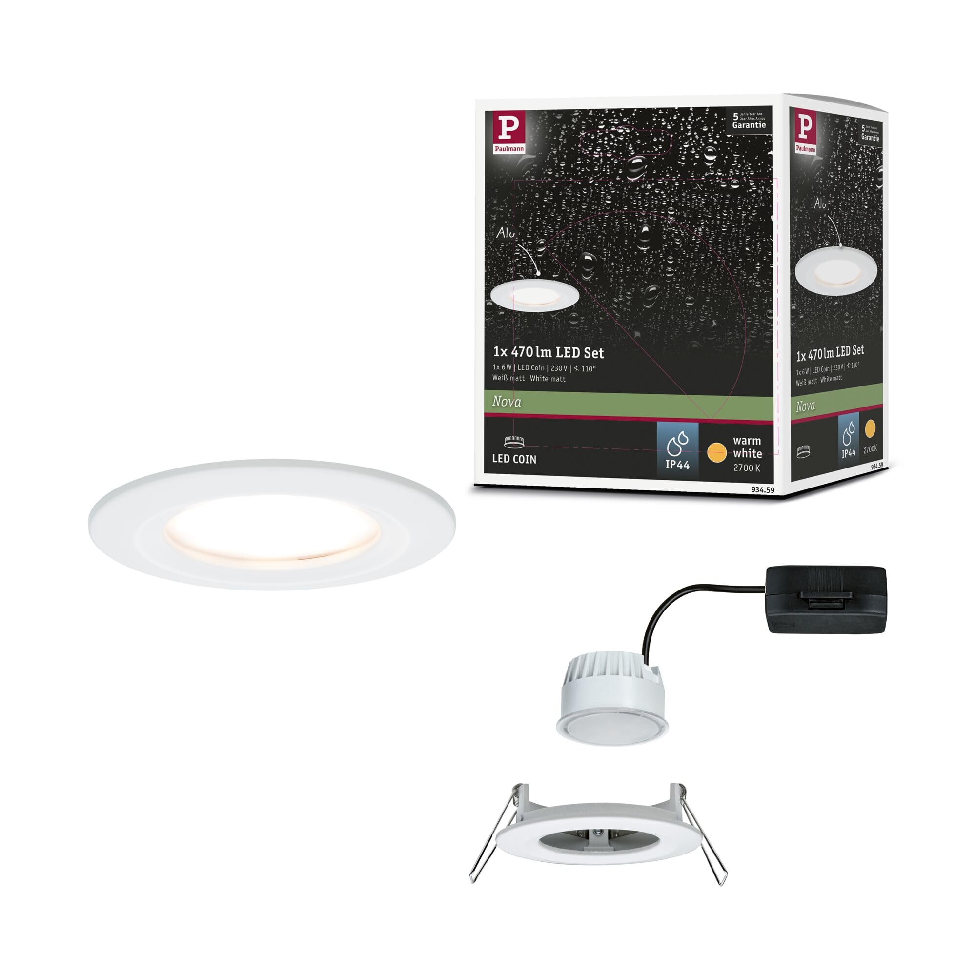 Paulmann 93459 Spots encastrés LED Nova Coin lampe unique rigide IP44 ronde 78 mm Coin 6W 470lm 230V 2700K blanc dépoli