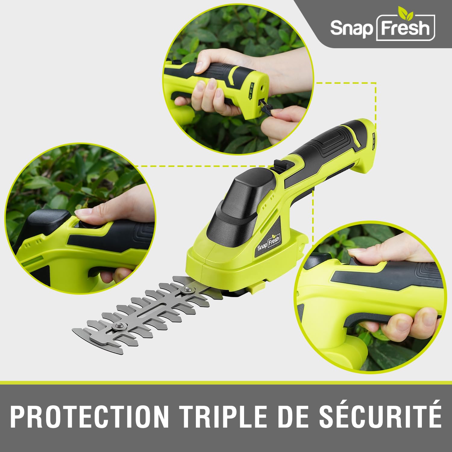 SnapFresh Taille Haie Batterie Electrique Mini Taille-Herbes sans Fil avec Batterie 8V Cisailles à Gazon Sculpte-Haies 2 en 1 - Autonomie: 60 Min, Longueur de Lame: 14 cm(Arbustes) / 8 cm(Herbe)