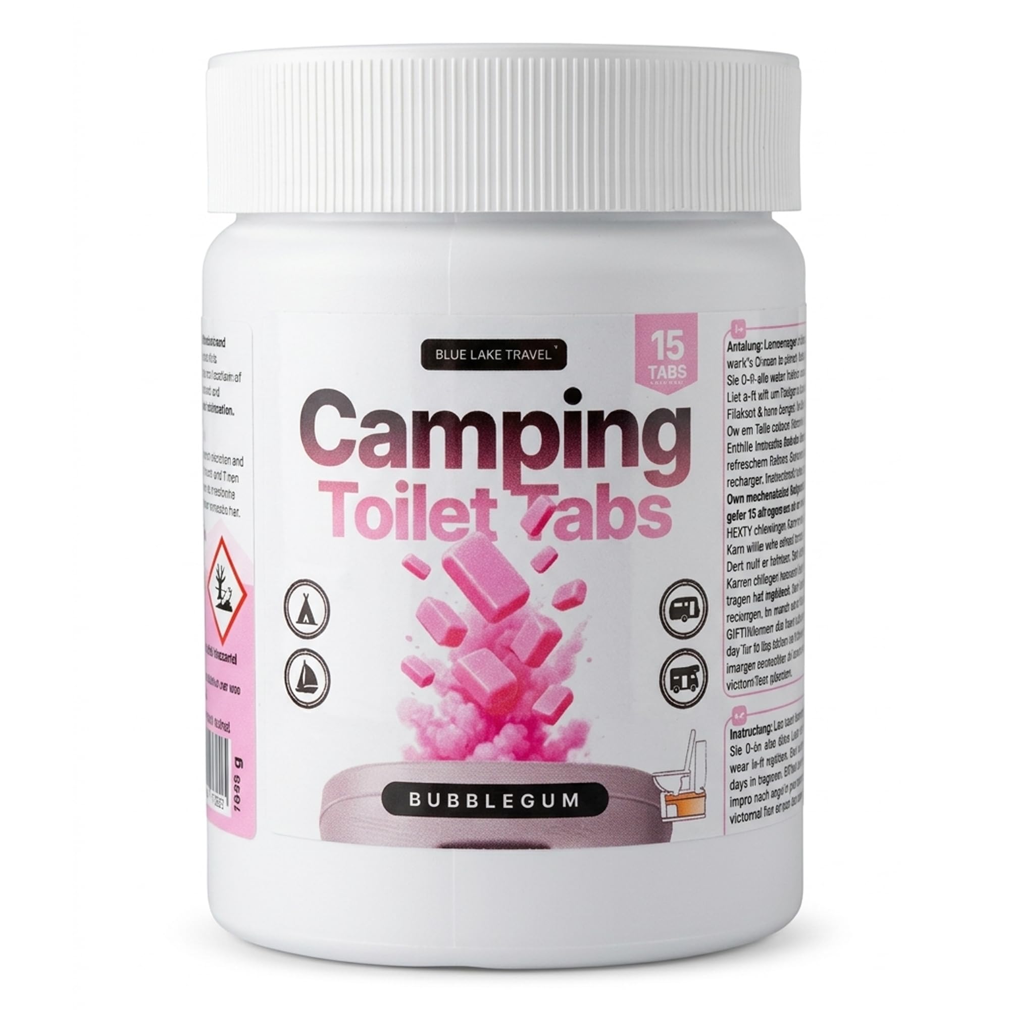 Blue Lake Travel Camping Toiletten Tabs - Geruchsstopp & Fäkalien-Zersetzer für Campingtoilette, Wohnmobil & Wohnwagen – Bubble Gum (15 Stück)