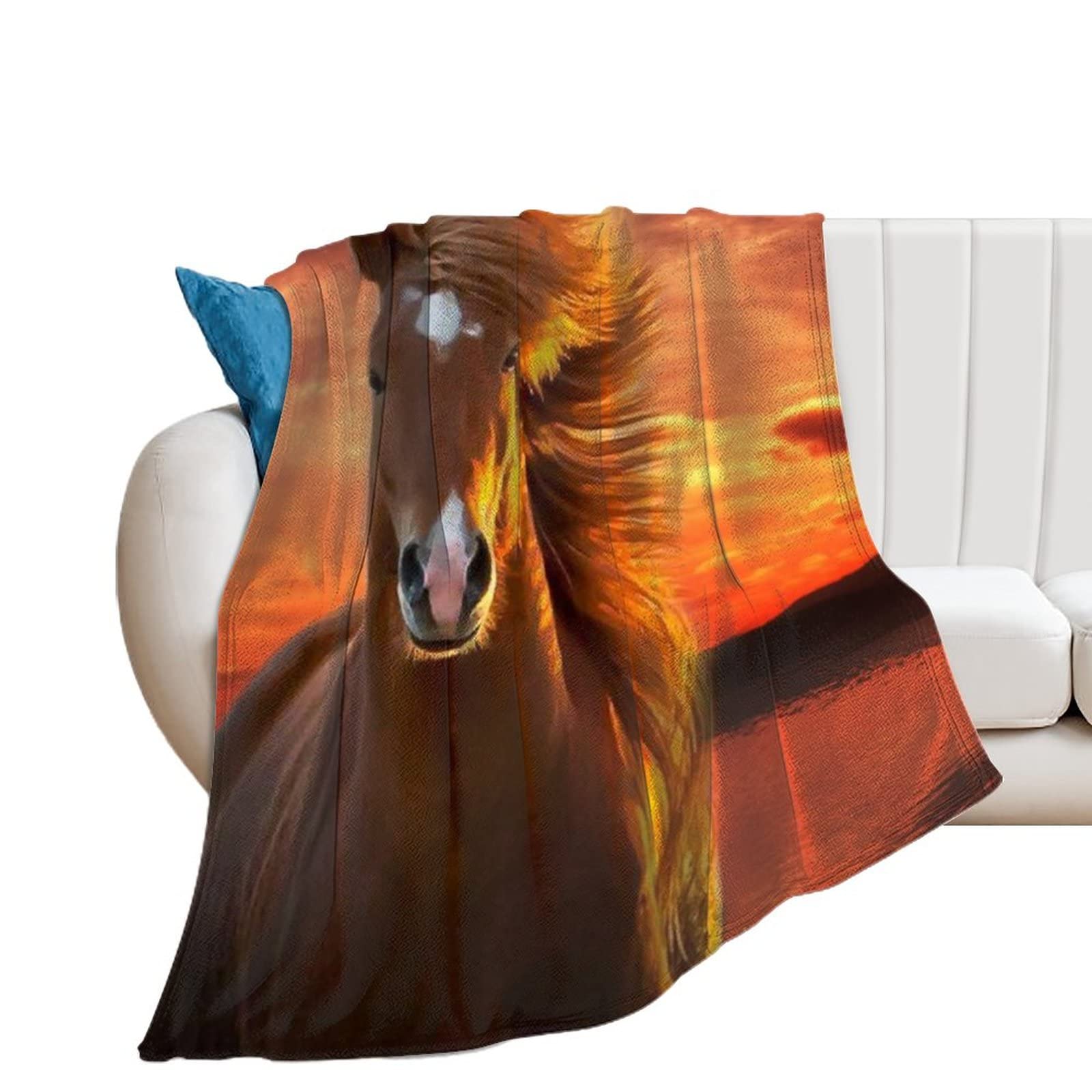 Plaid Canapé Flanelle Doux Couverture Polaire Cheval Coucher de Soleil Jeté Chaud 130x150