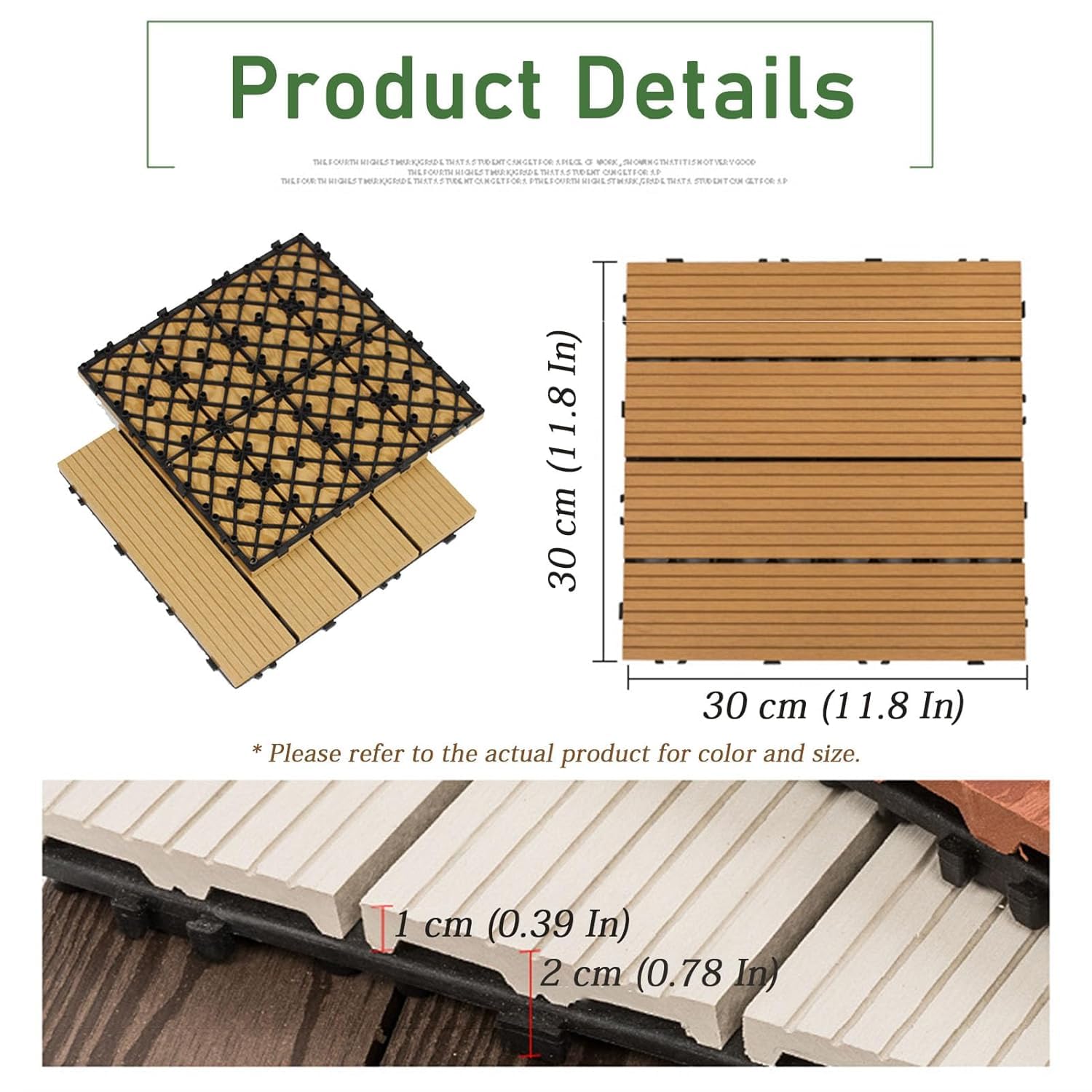 Dalles et lames de terrasse en composite, 11 dalles emboîtables en bois for terrasse et patio, multicolores, 30 x 30 x 2 cm.(C-Wood)