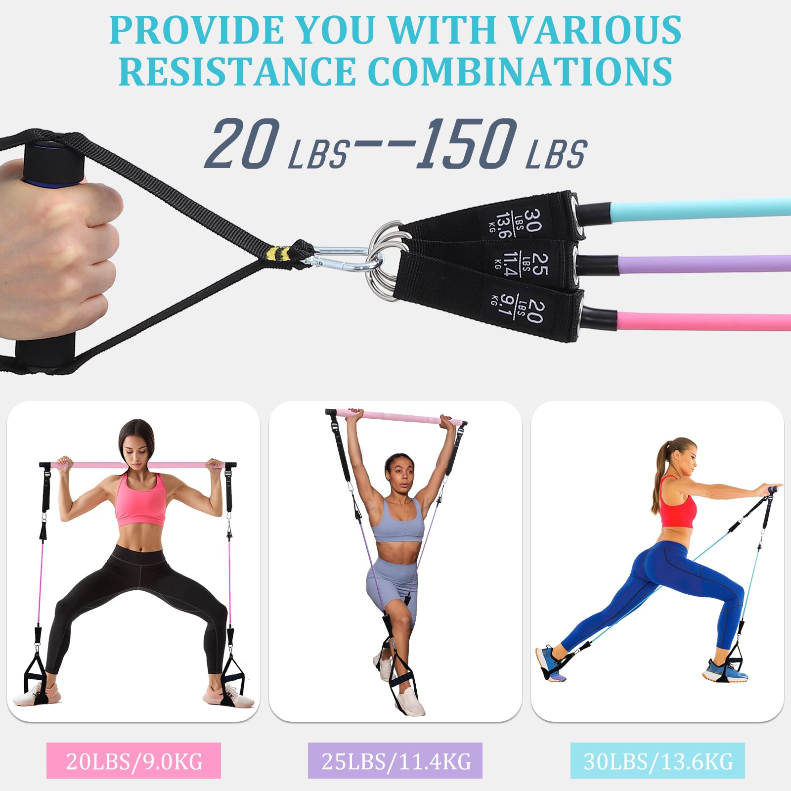 Barra per Pilates con 6 Elastico Fitness, Kit Elastici Fitness Fascia di Resistenza, Pilates Bar per Casa Palestra Yoga Stretching Pilates Fitness Allenamento di Forza