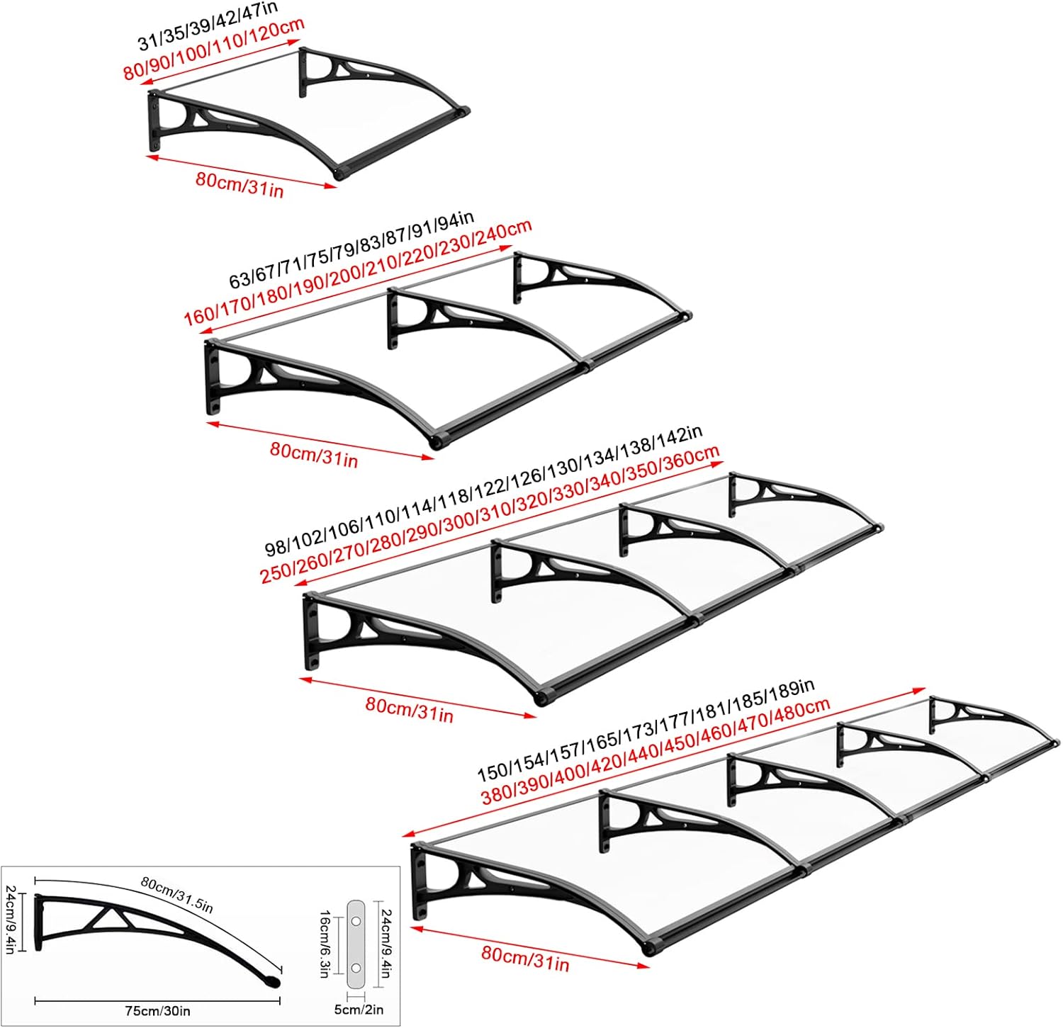 Home Window Awning with Large Sink,Courtyard Balcony Front Door Canopy Outdoor Awning,Curved Window Door Canopy,60/80/100/120cm,UV Protection Roof Rain Protector Shelter (80x100cm/31 x39)