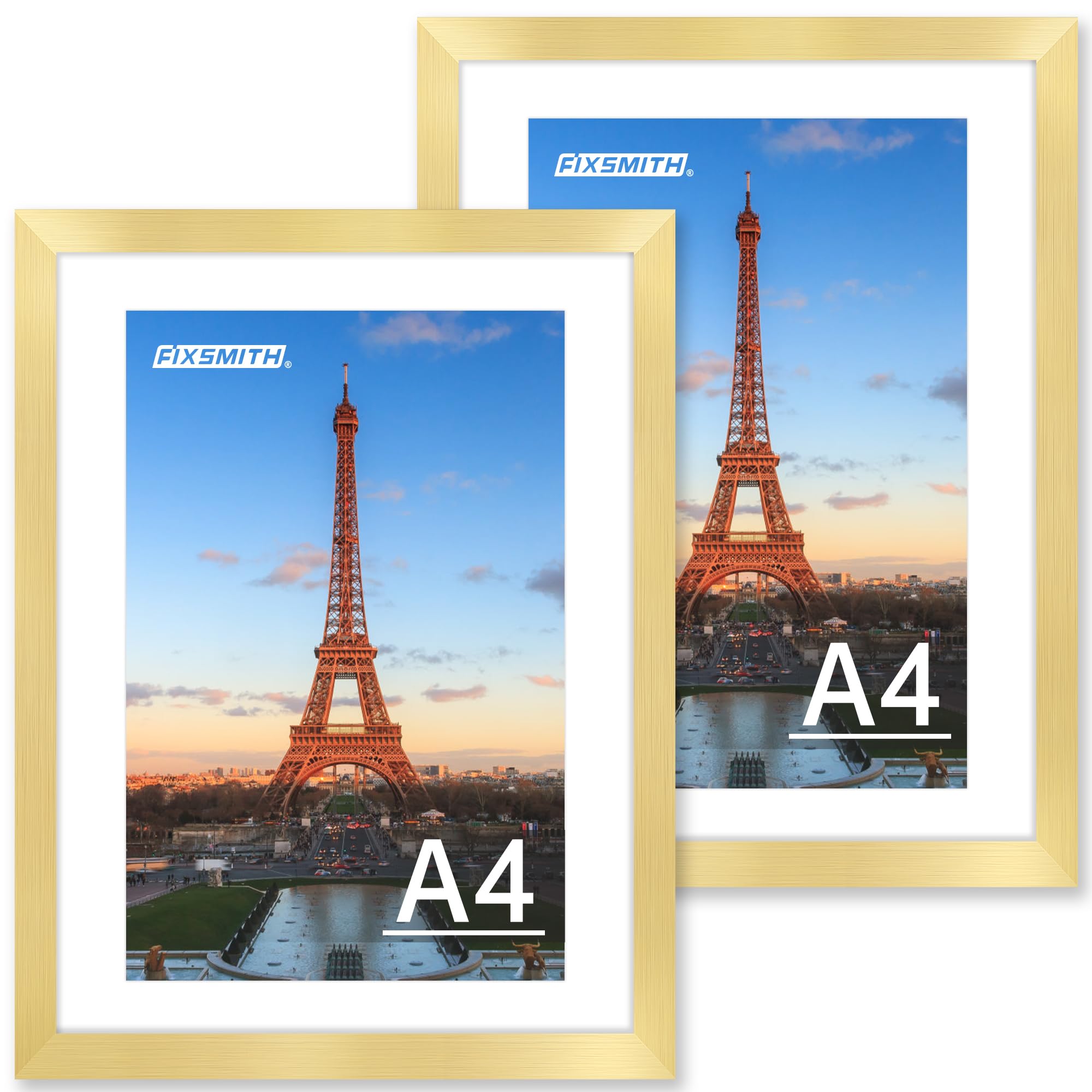 FIXSMITH A4 Picture Frame Set of 2, Gold Photo Frame with HD Plexiglass, Display Pictures 6x8 with Mat or 8.3x11.7 Without Mat Multi Picture Frames Collage for Tabletop or Wall Display