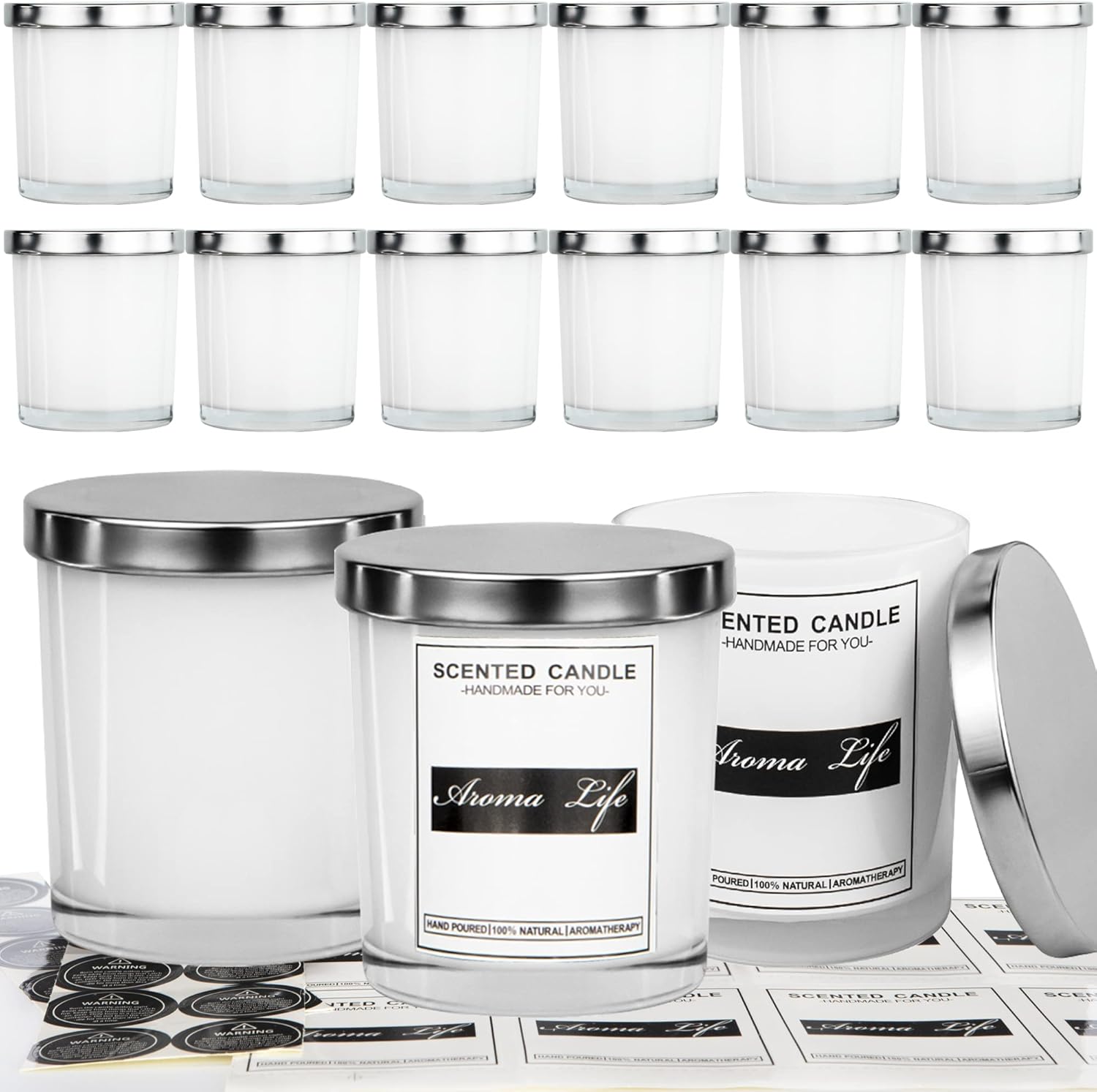 Creahaus 10oz Thick Glass Candle Jars 16 Pack with Metal Lids, Labels & Warning Stickers - Heat Resistant DIY Candle Making Kit