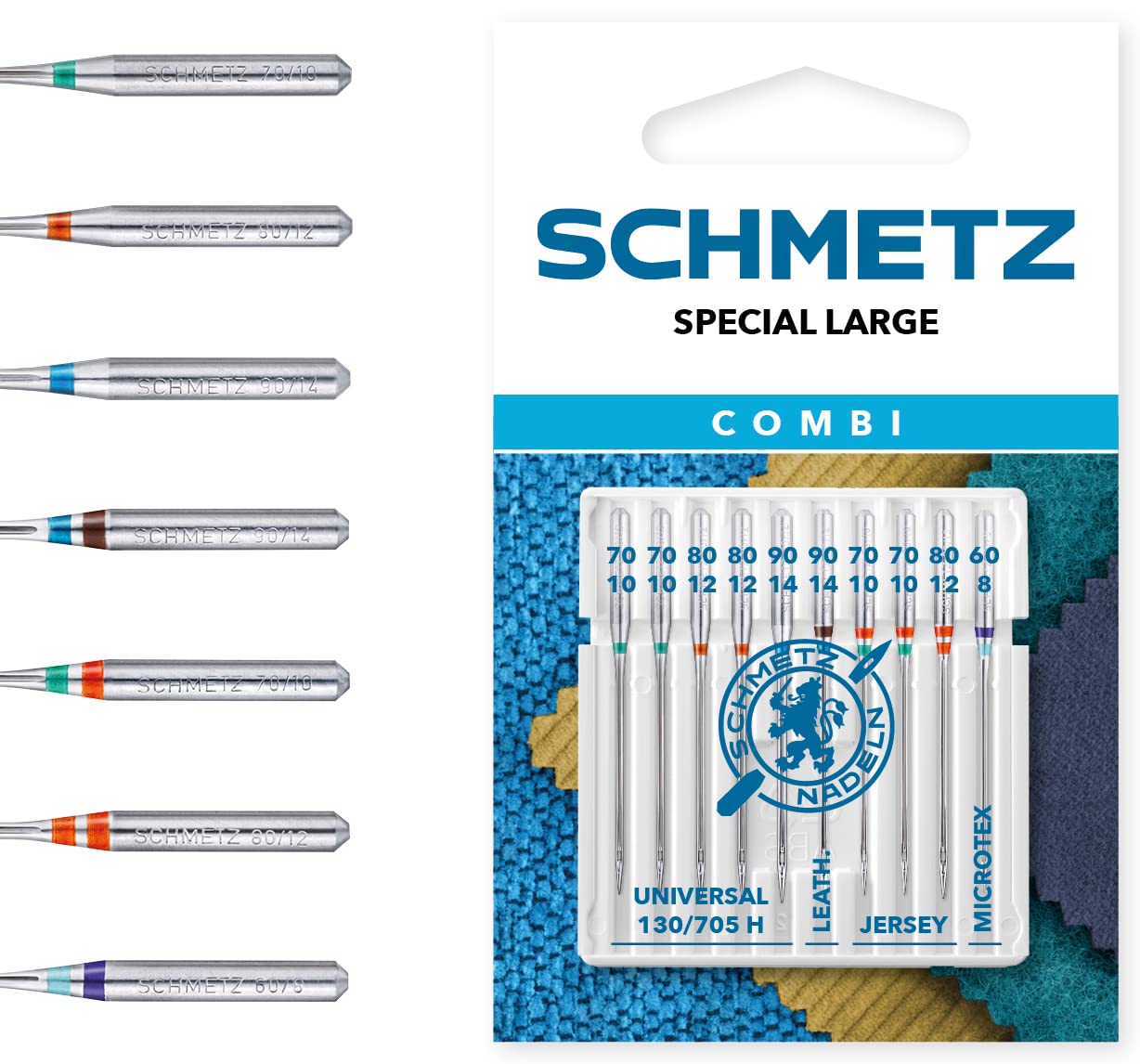 SCHMETZ | 10 naaimachinenaalden | Combi-box Special Large | 130/705 H XYS | sorteringen | Universal / Microtex / Jersey / Leer