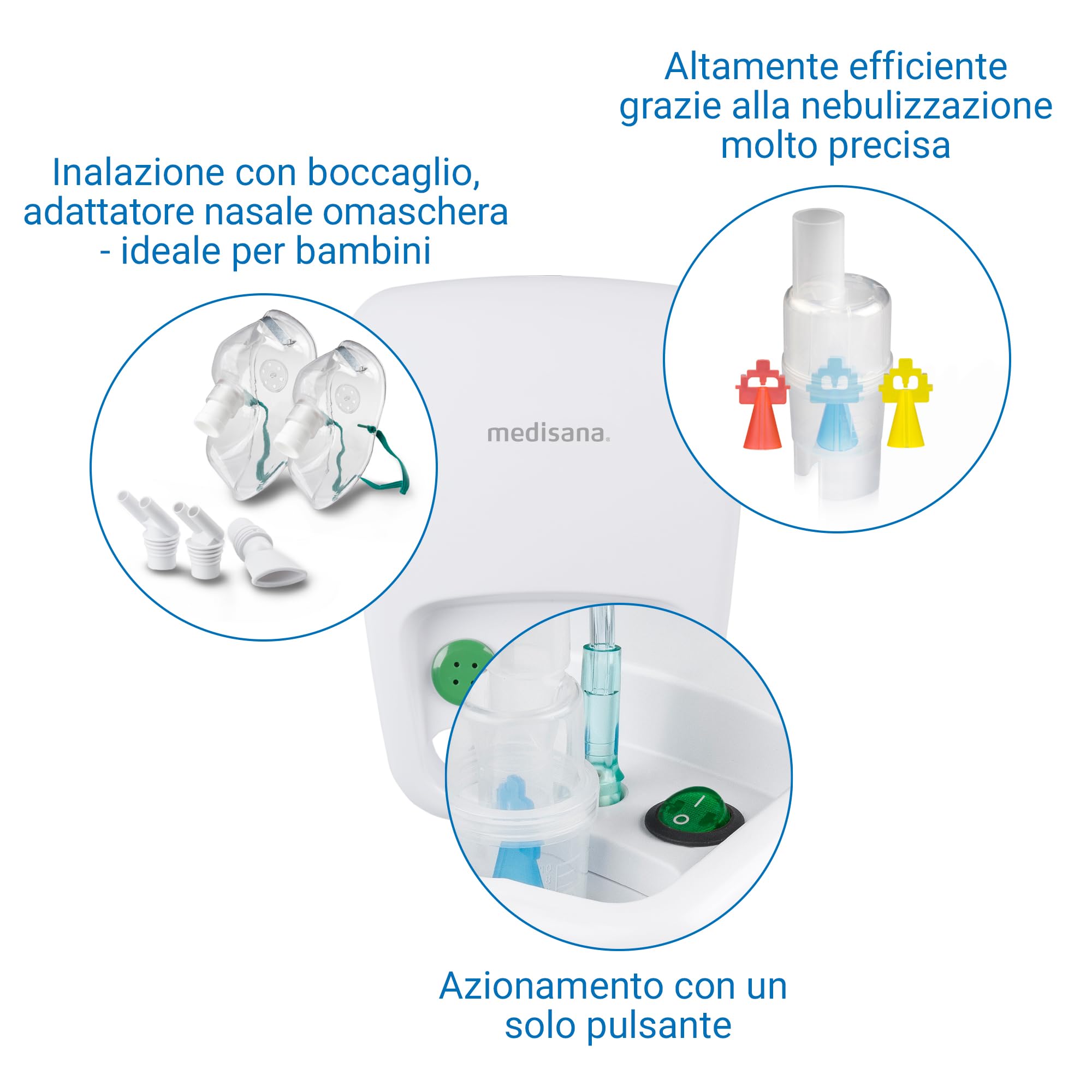 medisana IN 500 inalatore, nebulizzatore a compressore | con boccaglio e maschera per adulti e bambini, per raffreddori o asma con accessori extra e tubo lungo, white, larga