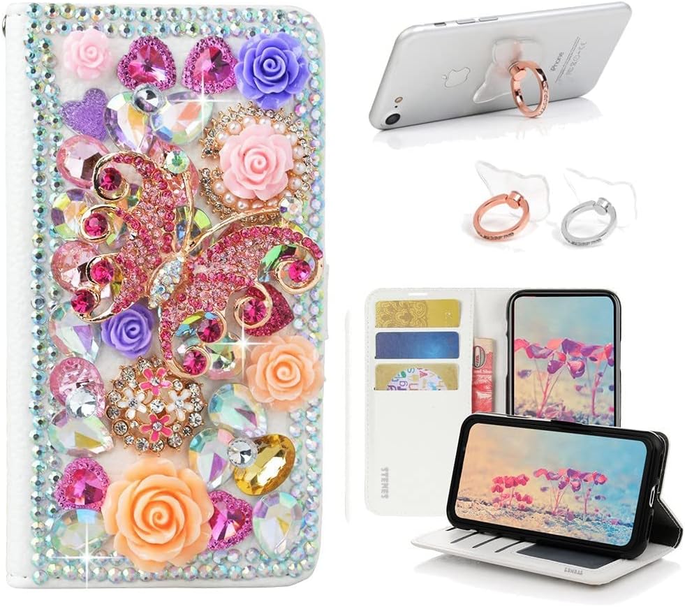 STENES Bling Wallet Phone Case Compatible with iPhone 11 - Stylish - 3D Handmade Rose Butterfly Flowers Design Leather Cover with Ring Stand Holder [2 Pack] - Pink