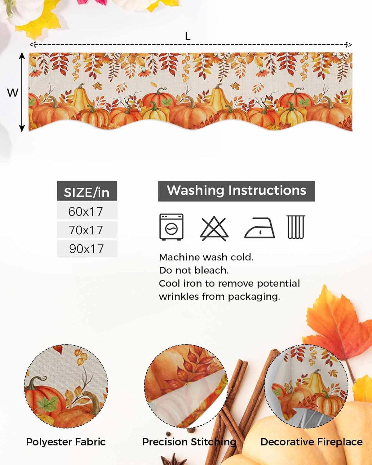 QueenKer Fall Orange Pumpkin Fireplace Mantel Scarf 60" x 17" Thanksgiving Maple Leaves Mantel Cover Runner Linen Texture Mantel Shelf Top Scarf Runner for Holiday Living Room Home Decoration