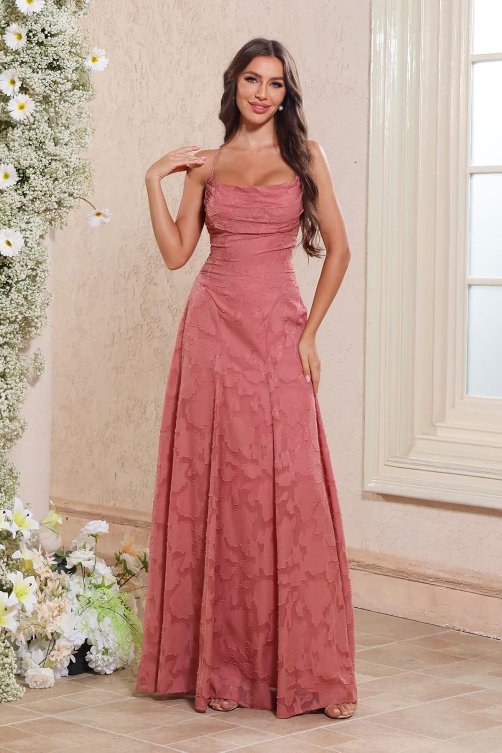 Floral Lace Bridesmaid Dresses for Women A-Line Backless Cowl Neck Formal Wedding Guest Dress 2025
