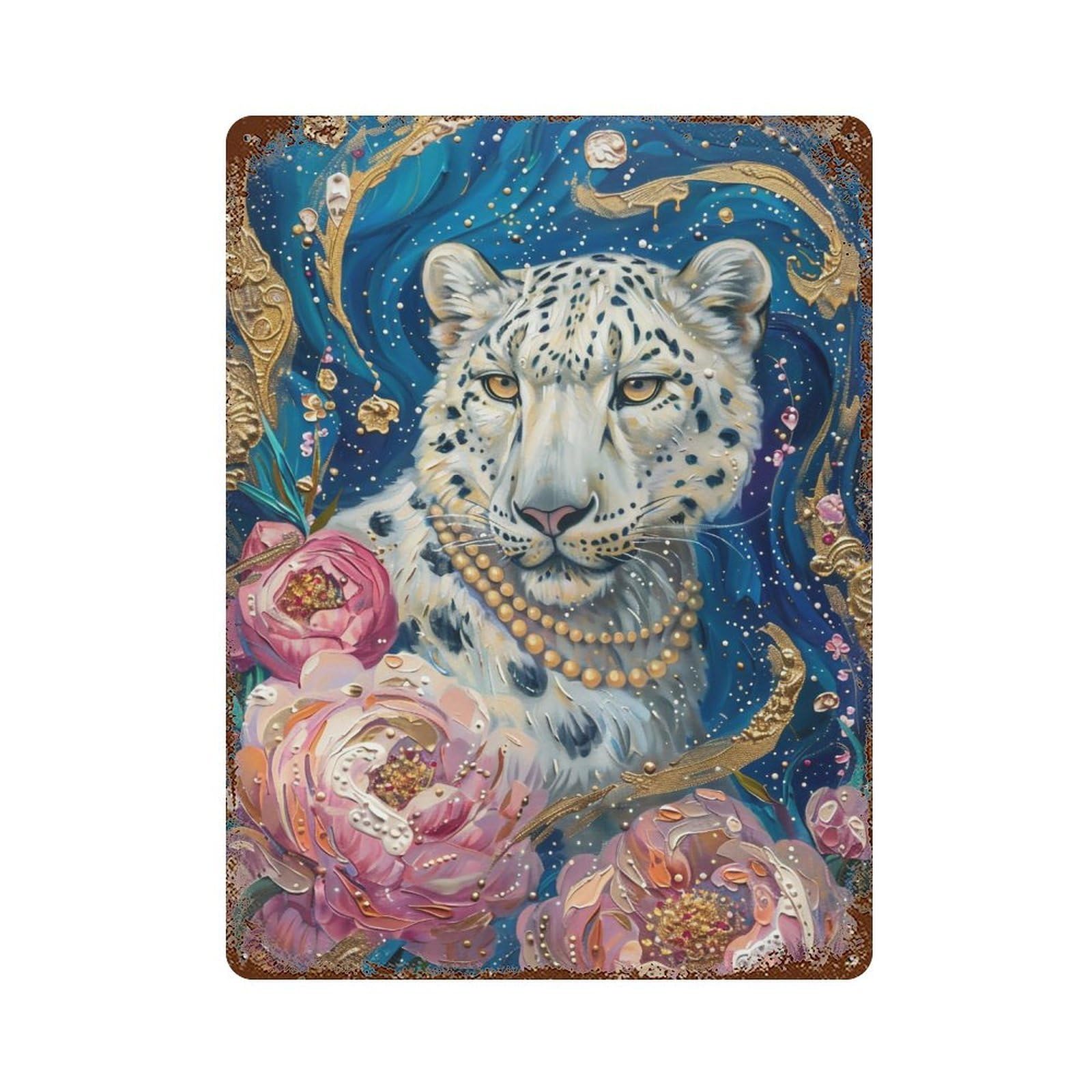 YHGERTKU Opulent Snow Leopard with Pink Peonies 03 Wall Art Retro Iron Vintage Metal Tin Sign Poster Modern Decor for Living Rooms Gift 40x30cm