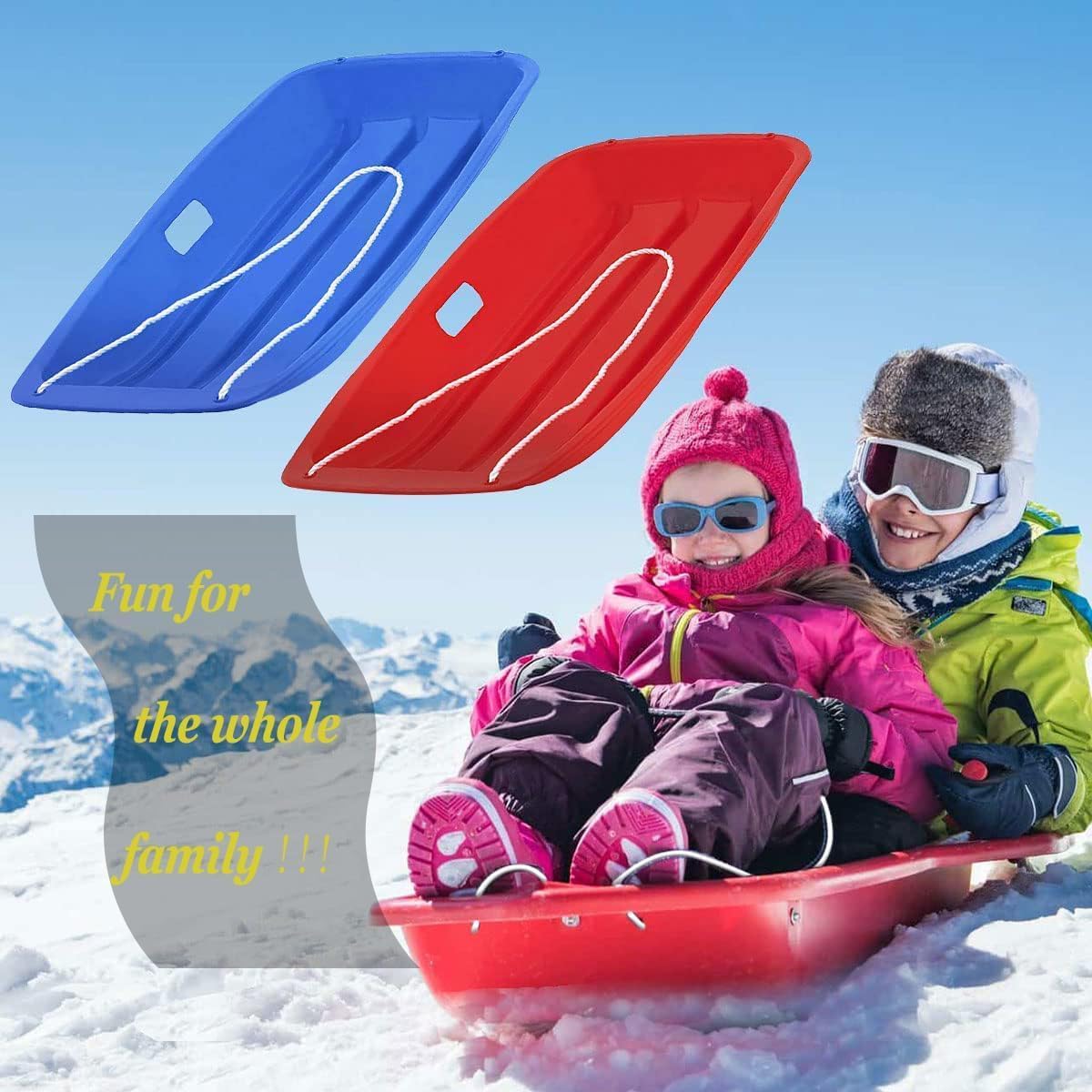 35" x 17" Lightning Snow Sled,2 Pack Plastic Toboggan Snow Sleds with 2 Handles and Pull Rope, Winter Snow Sleds for Adults
