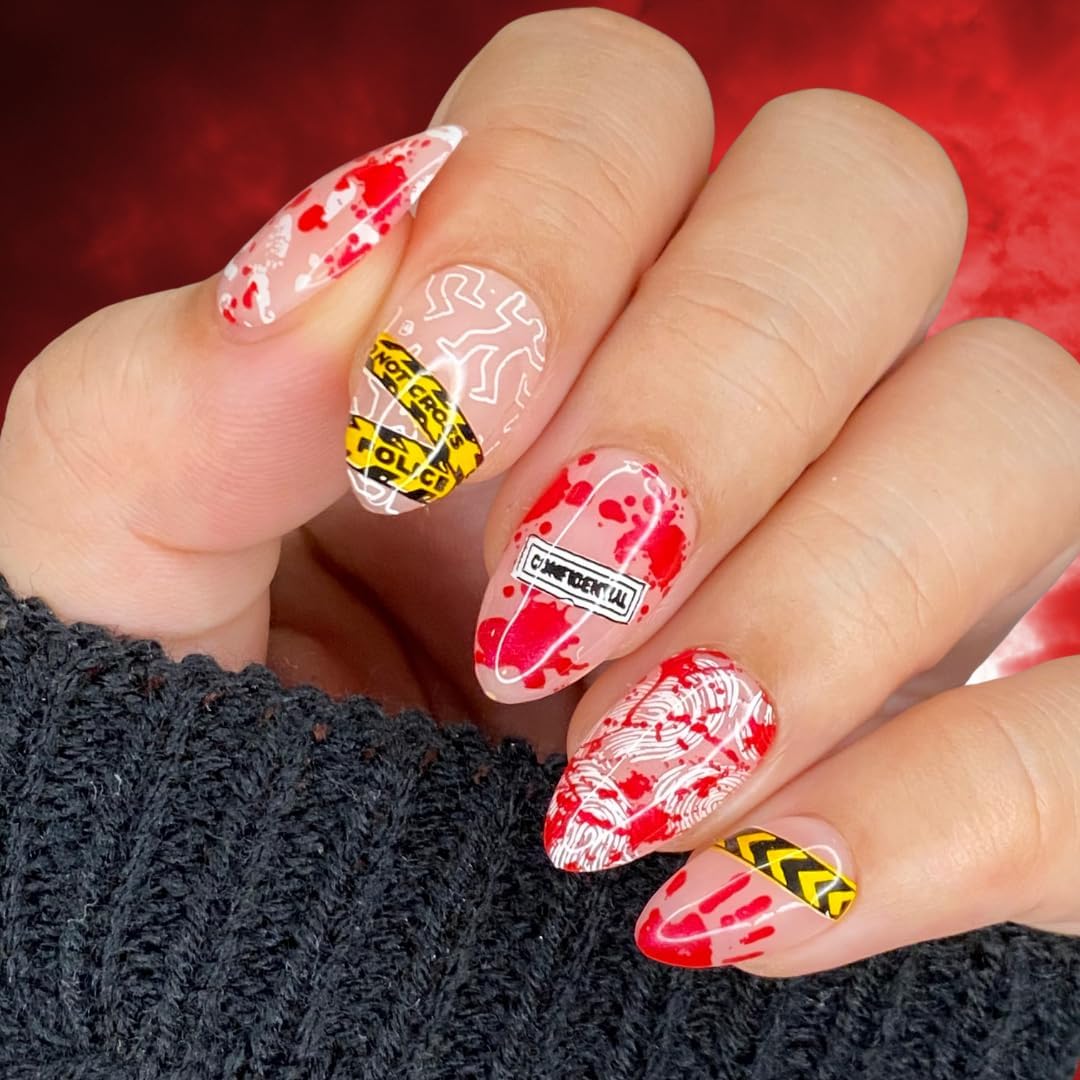 Maniology Crime Scene Nail Stamping Plate | Blood Splatter Patterns, Investigation & Mystery-Themed Designs for Creepy Halloween DIY Manicures – Reusable Rectangular Stainless Steel Nail Art Template