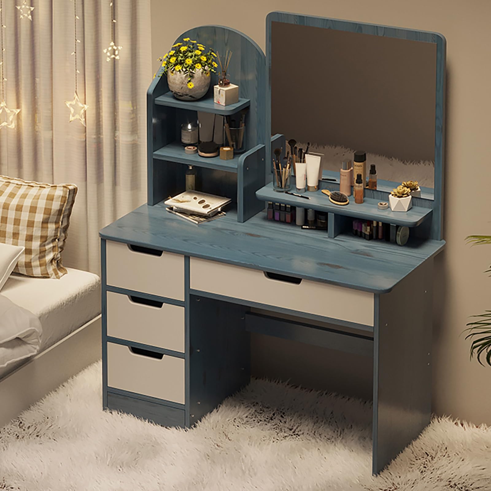 asdchZen Modern Vanity Desk With Lighted Mirror Makeup Nizer Drawers And Shelves Bedroom Dressing Table For Makeup Vanity,Blue