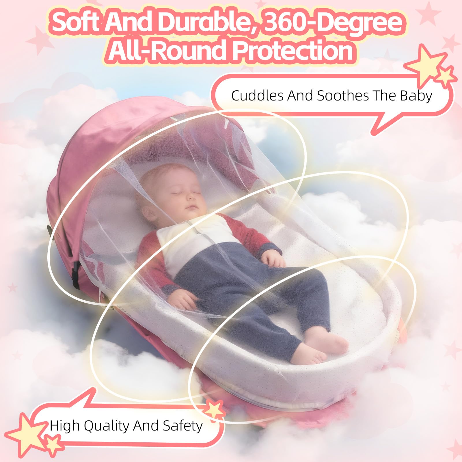 Baby Nest,Baby Bettchen Nest, atmungsaktiver Babylounger,Portable Baby Reisebett mit Moskitohaube – Inklusive Matratze & Tragetasche – Leicht & Kompakt (Rosa)