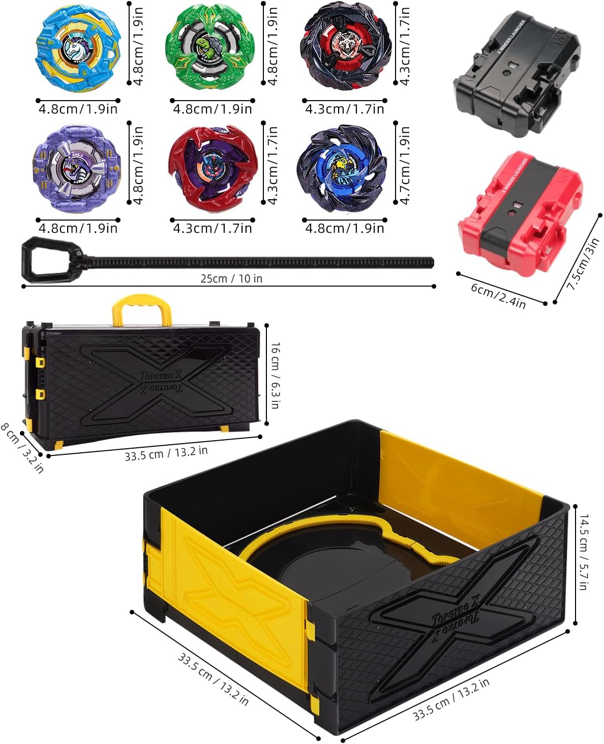 foldable portable x stadium arena with carry handle, yellow battle stadium with 6 x gyro tops & 2 launchers, travel toy gift for kids ages 6+ yellow arena-6pcs