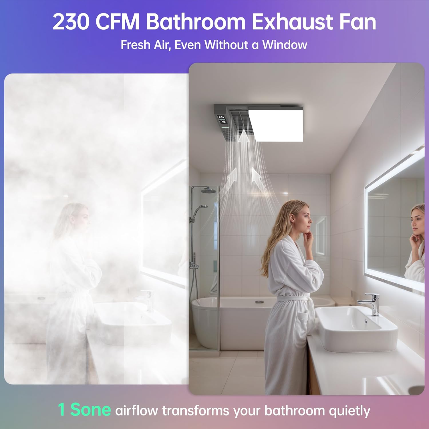 Bathroom Exhaust Fan with Light, Bluetooth Speaker, Odor & Humidity Sensors, 230 CFM Quiet Ceiling Fan with 3 Dynamic RGB Lighting, 3CCT - Remote App Control - Compatible with Alexa Gray Pro