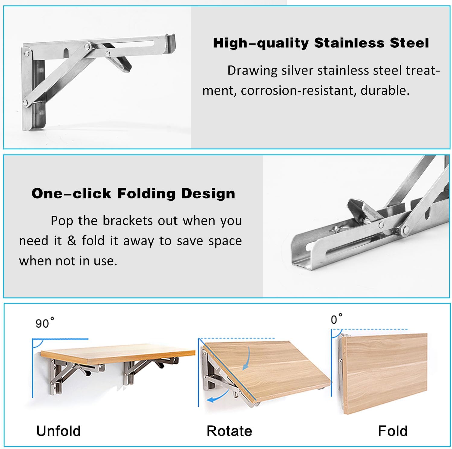4 Pcs Folding Shelf Brackets, 18 Inch Shelf Brackets Heavy Duty Collapsible Triangle Stainless Steel L Brackets for Wood Shelves, Max. Load 450 lb DIY Wall Mounted Space Saving for Bench Table, Silver
