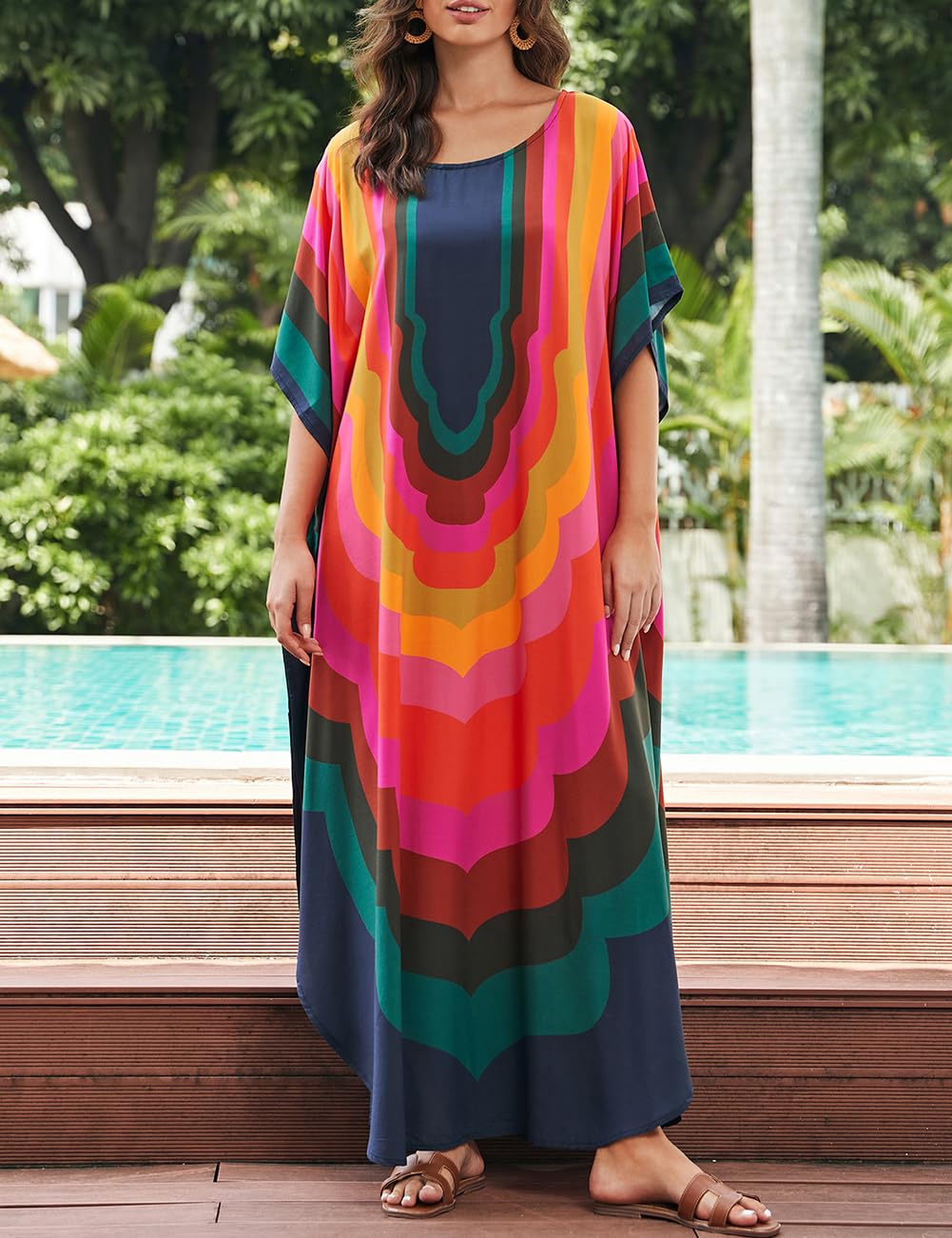 Bsubseach Vestido de playa para mujer, caftán turco, largo, para cubrir el traje de baño, A-colorido Geometría, Talla única
