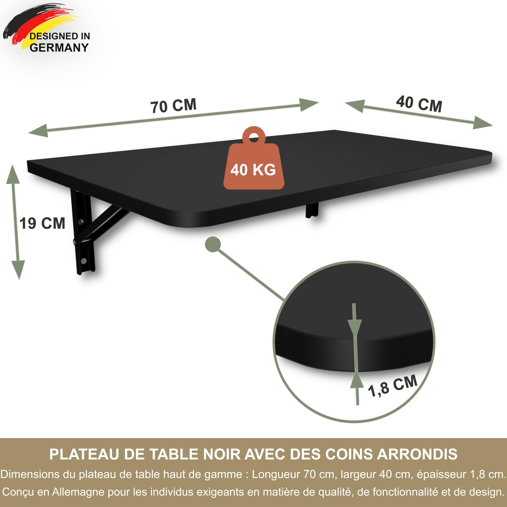 KDR Table Murale Pliante – Table Rabattable Gain de Place, Bureau Pliable ou Table de Cuisine et Salle à Manger, Table Murale pour Petit Espace, Table Mur Rabattable (Noir, 70×40 cm)