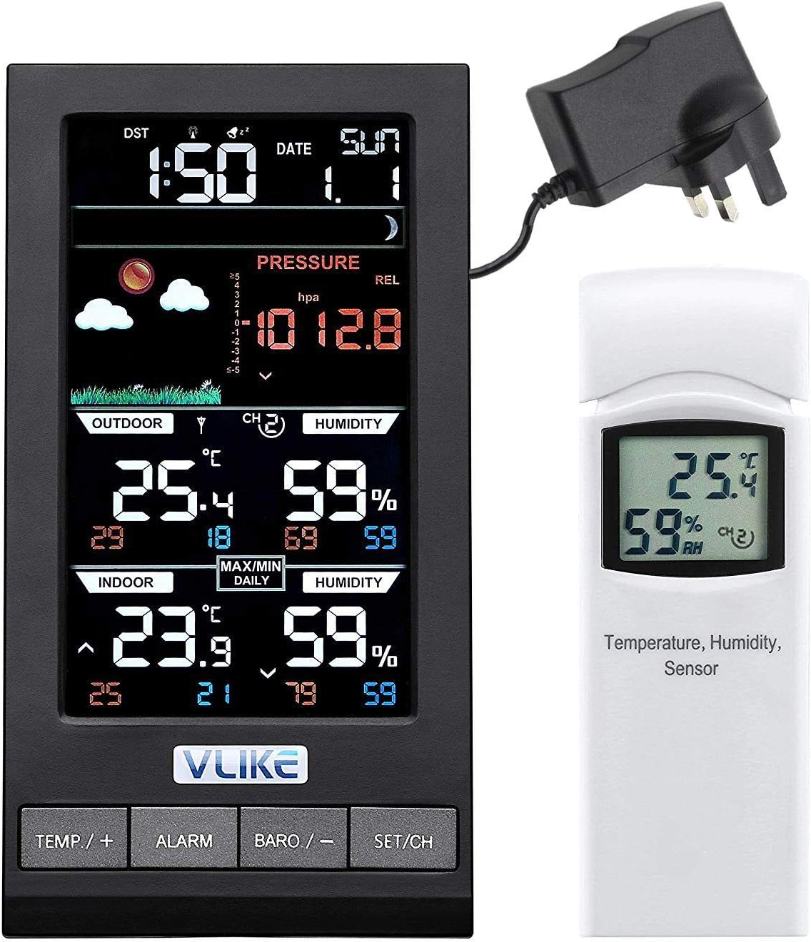 VLIKE 2810 Weather Station Color Screen Digital Home Radio Control Clock Support 3 Waterproof Outdoor Sensors Temperature Humidity Barometric Moon Phase and Advanced Forecasting