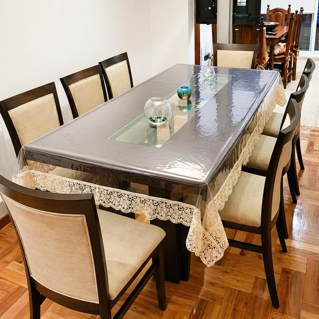 Premium High Thickness Transparent 6 Seater Dining Table Cover | Table Protector Sheet | Waterproof and Dustproof | Golden Lace Transparent Table Cloth | Rectangular Dining Table Cover (60x90 Inch)-image-9