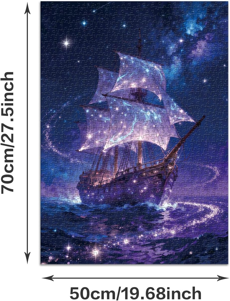 Family Jigsaw Puzzles for Adults 1000 Pieces, Challenging Fun Puzzles Stunning Art Wall Decor, Gift for Adult Puzzle Lovers, Poster Included, Starry Sky Ship C0830