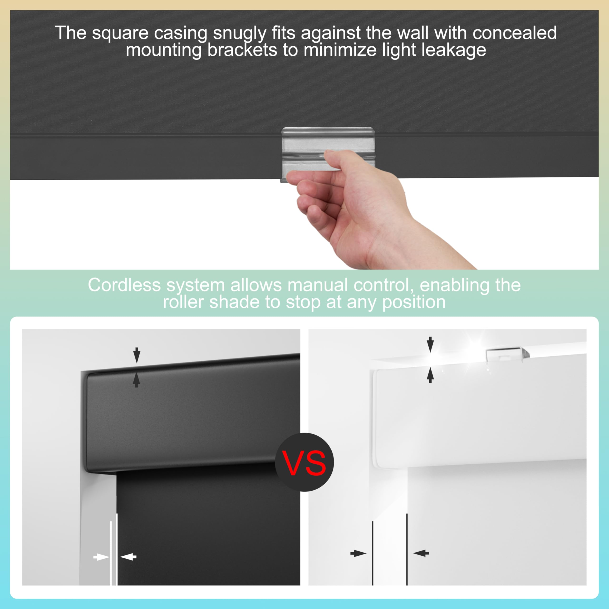 Boolegon Blackout Cordless Roller Shades, Window Blind with Thermal Insulated, UV Protection Fabric, Free-Stop System Roller Blind for Home, Office, Black, Custom Size