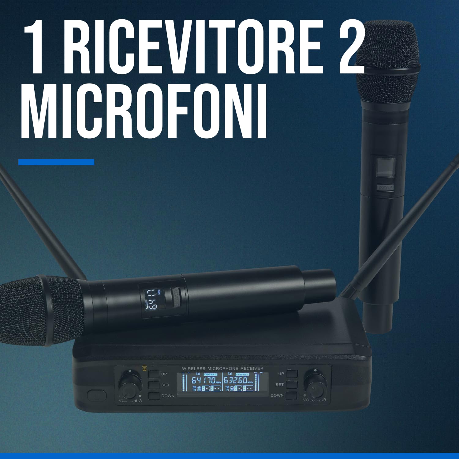 WOODBRASS Microfono senza fili sistema 2 x micro UHF multi frequenza, portatile microfono a mano per karaoke, professionisti, dj, animazione, matrimonio, conferenza (UHF-2M-MULTI)