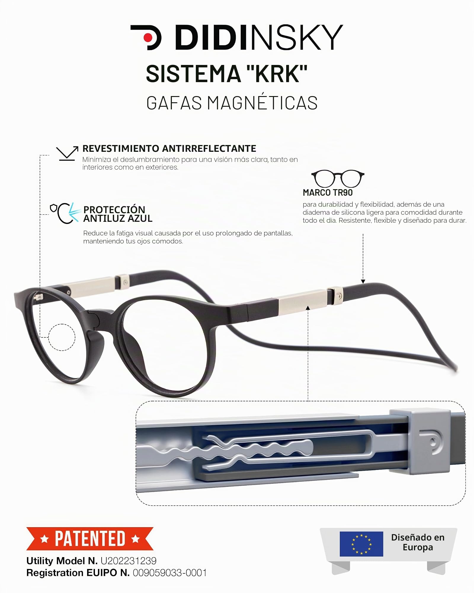 DIDINSKY Krik Flex Gafas de Lectura Magnéticas Plegables, Filtro Luz Azul | Magnéticas y plegables · Para leer de cerca · Filtro de luz azul · Aumento +1.0 a +3.0 · Incluye funda