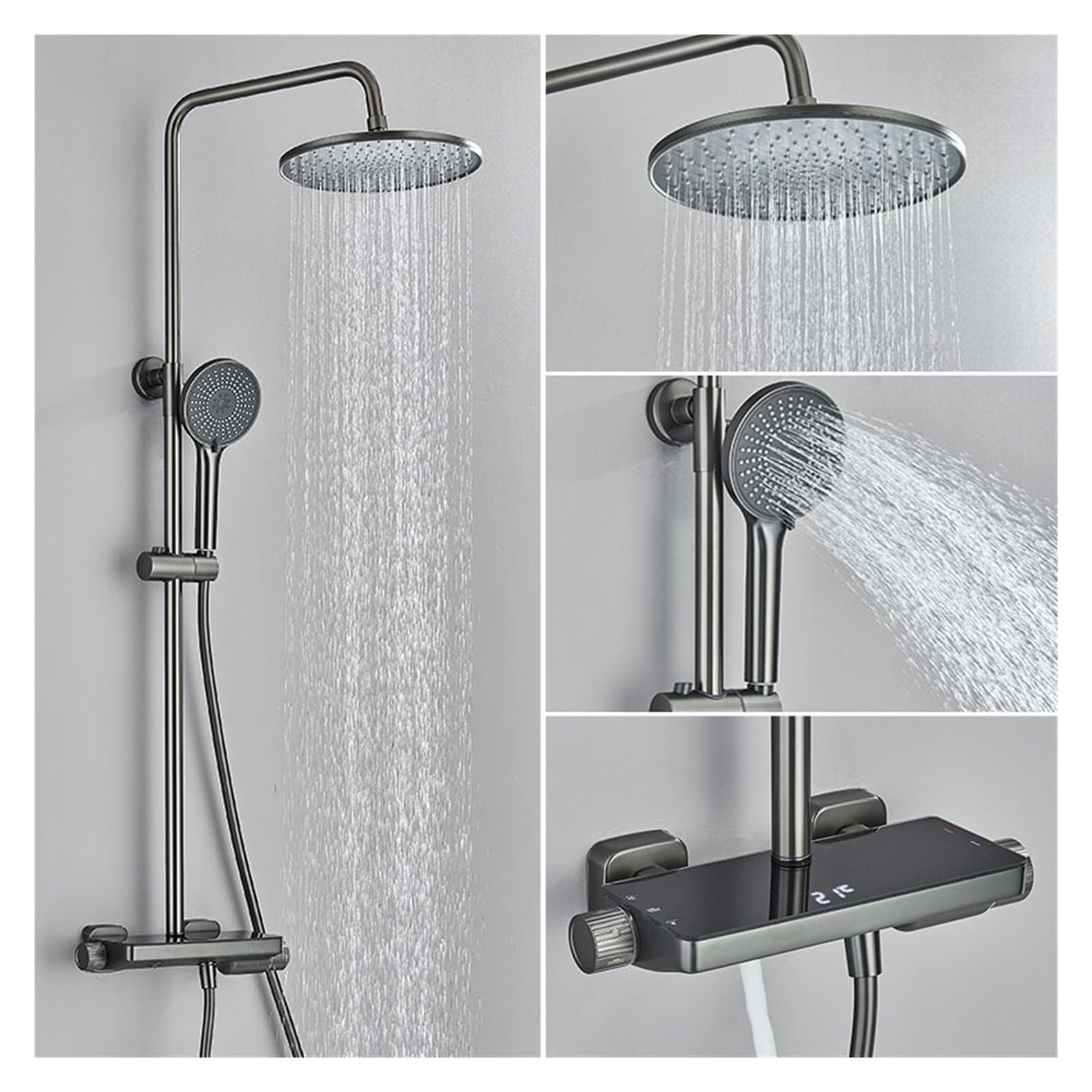 Sistema de ducha de baño con Sistemas de ducha lluvia con pantalla digital LCD, juegos grifos negros, grifo bidé estante baño 3 vías pulverizador para la renovación del baño de la casa(Gun Grey)