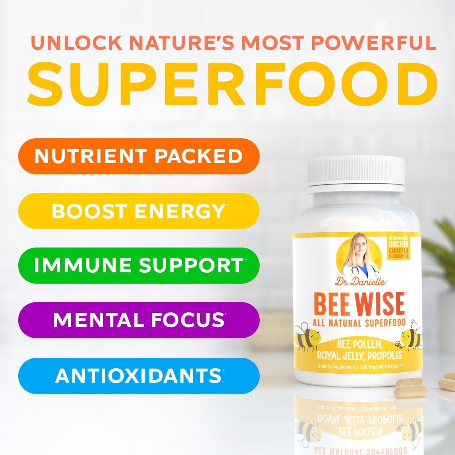Dr. Danielle's Bee Wise - Bee Pollen Supplement - Bee Well with Royal Jelly, Propolis, Beepollen in 4 Daily Bee Pollen Capsules - Image 2
