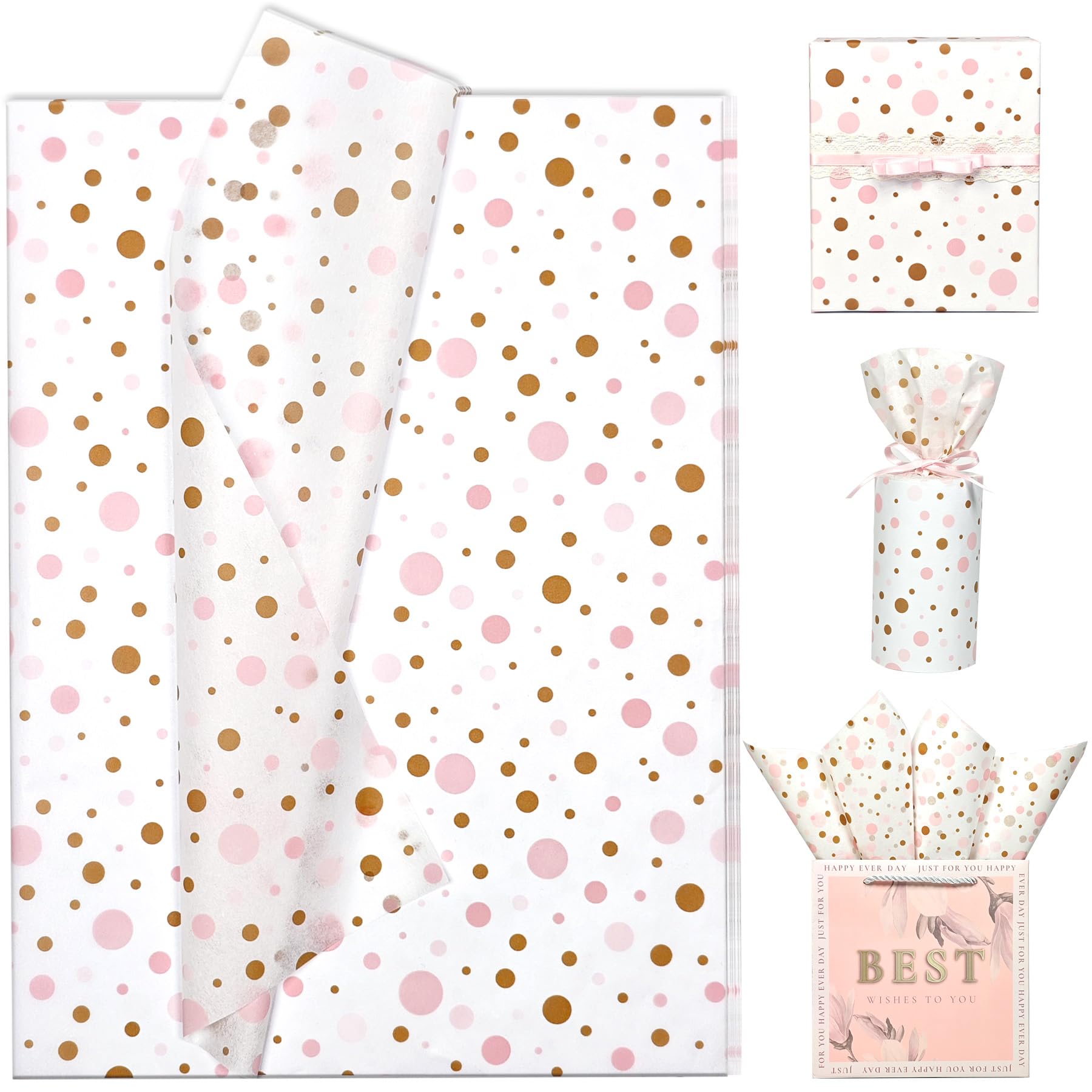 Tissue Paper Gift Wrap, Cute Pink and Brown Polka Dot Tissue Paper for Gift Bags, Pastel Packaging for Girl's Birthday, Baby Shower, Wedding, Mother's