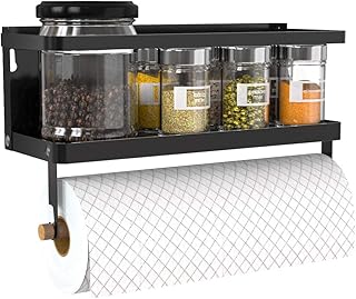 Magnetic Paper Towel Holder , 2-in-1 Magnetic Spice Rack with Hooks,Wall Mount Shelf Towel Rack for Refrigerator (Black, W...