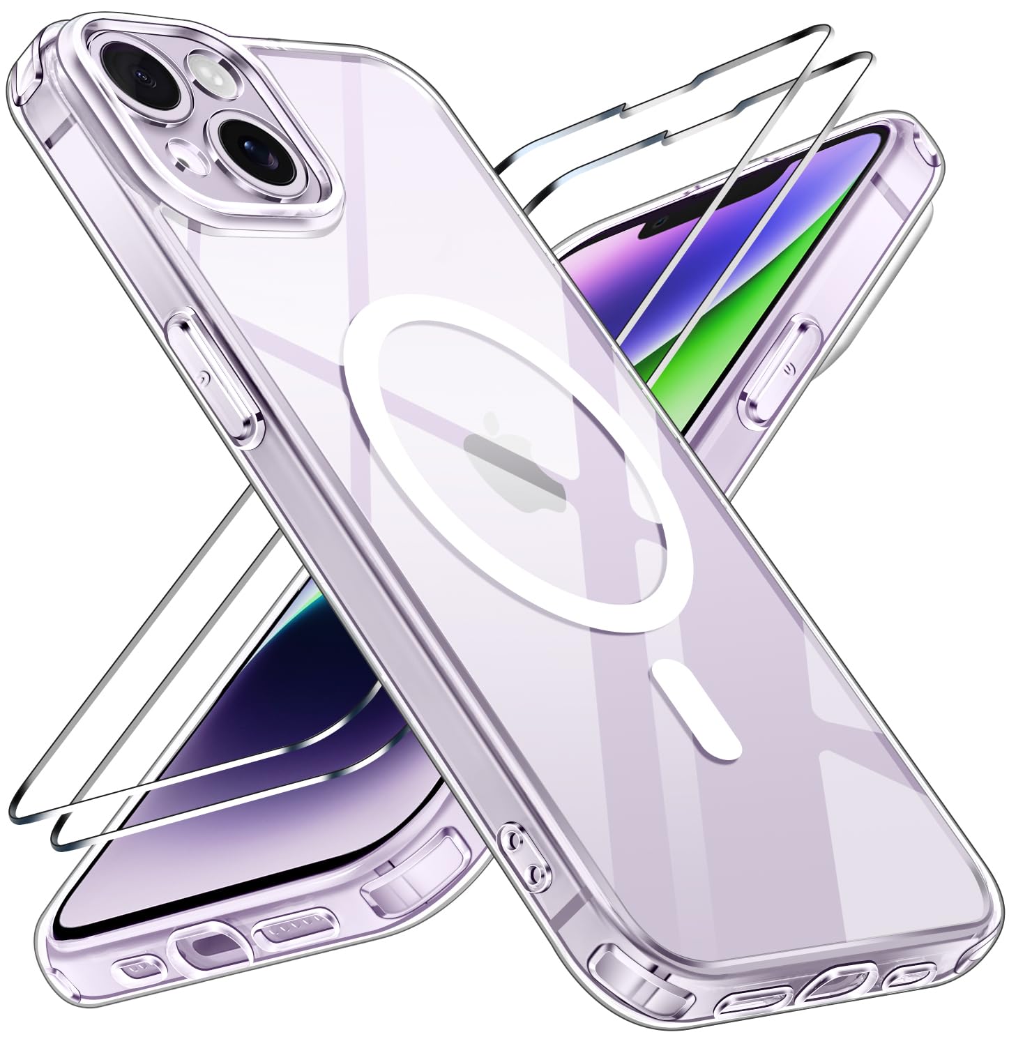 iVoler Cover Magnetica per iPhone 14 con 2 Pezzi Vetro Temperato, [Compatibile con MagSafe] Custodia Protettiva Sottile [Anti-Ingiallimento] [Grado Militare] Antiurto, Trasparente