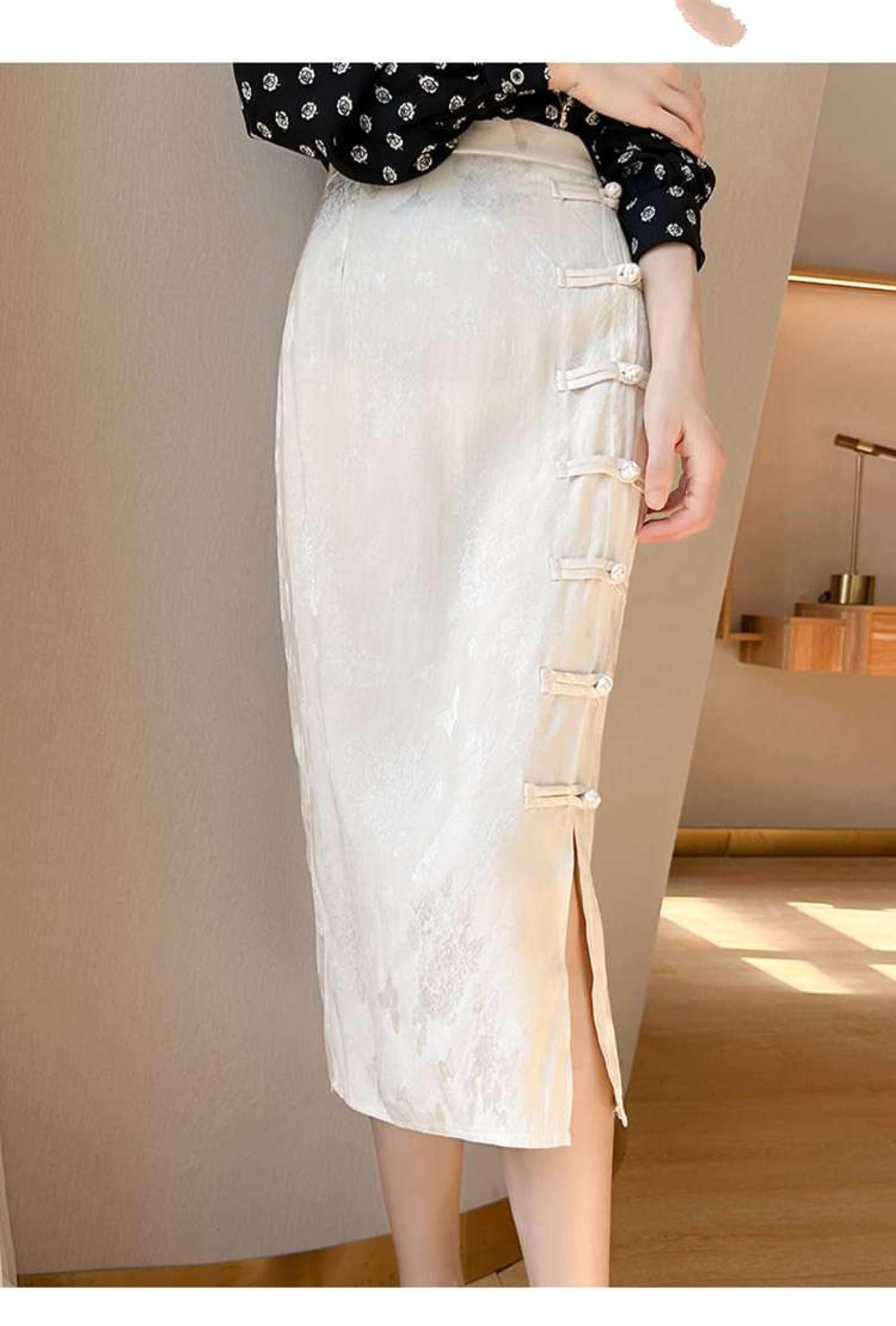 Jupe Droite en Satin De Soie pour Femme - Été Mi-Longue Taille Haute Jacquard Rétro Style Chinois Boucle Cheongsam Jupe Fendue À La Hanche, Jupe Drapée Souple Et Soyeuse À La Mode,Blan