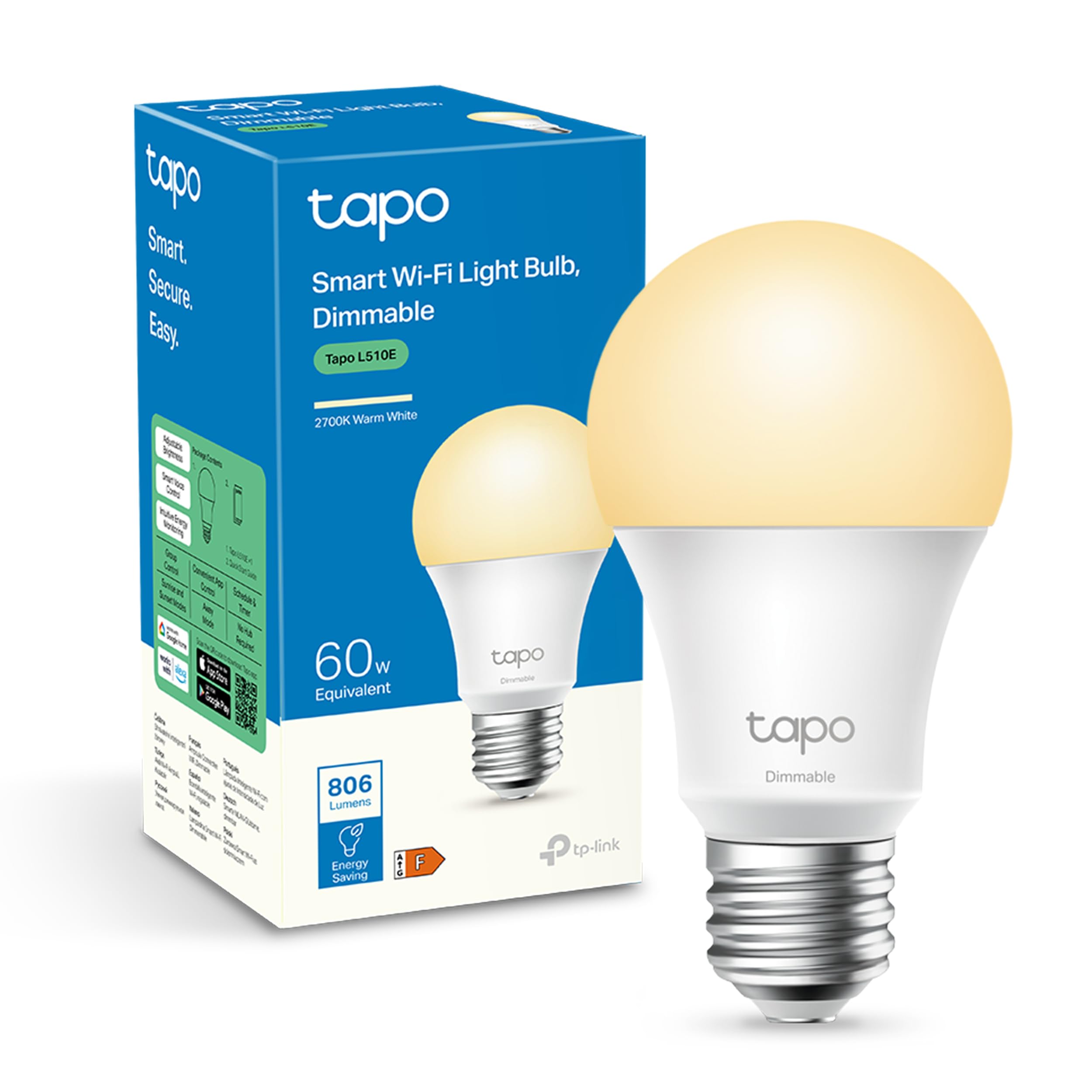 Tapo スマート電球 L510E 人感センサー T100 ハブなど Tapo TP-Link L510E - Bombilla LED Inteligente, Bombilla WiFi sin