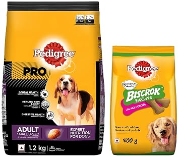 Pedigree PRO Expert Nutrition Adult Small Breed Dogs (9 Months Onwards) Dry Dog Food, Chicken, 1.2kg Pack & Pedigree Biscrok Biscuits Dog Treat (Above 4 Months), Milk and Chicken Flavor, 500g Pack