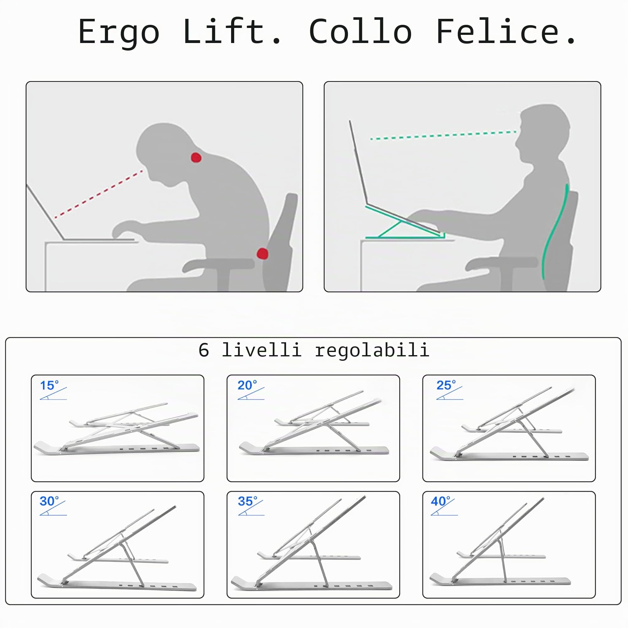 AiTodos Supporto Laptop in Lega di Alluminio, Pieghevole, Antiscivolo con Ventilazione, Regolazione a 6 Marce