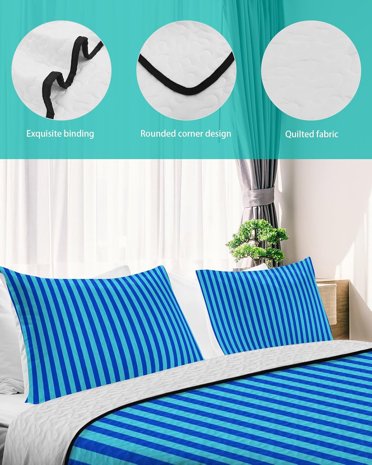 King Size Quilt Set, Classic Blue Striped Lightweight Bedspread Coverlet Set Soft Microfiber Summer Quilt with 2 Pillow Shams, Modern Simple Line 3 Piece Comforter Bedding Set