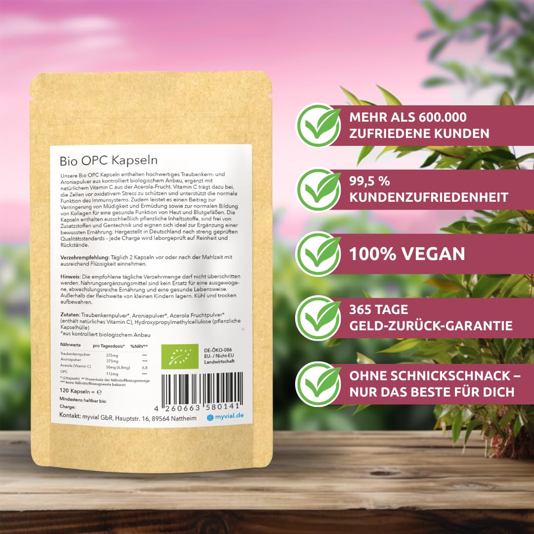 Bio OPC Traubenkern Aronia Kapseln – 120 Stück – Hochdosiert 400 mg – Mit natürlichem Vitamin C aus Acerola – Vegan & Laborgeprüft – Aus deutschen Weintrauben – Produziert in Deutschland