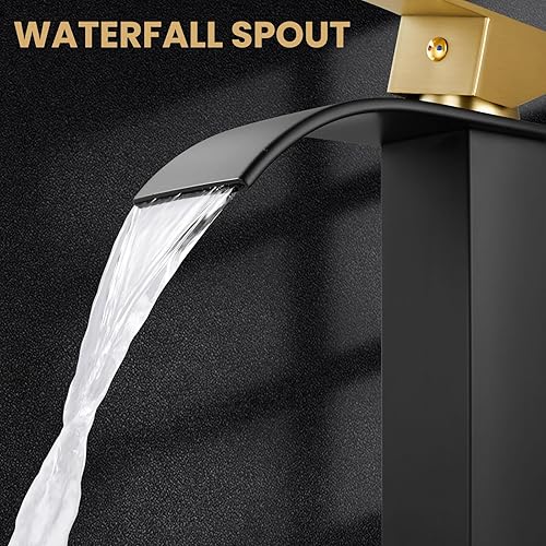 Miniatura 4 de Airuida Grifo de lavabo alto para baño, color negro mate y oro cepillado, moderno solo agujero de una sola manija, estilo granja, lavabo montado en