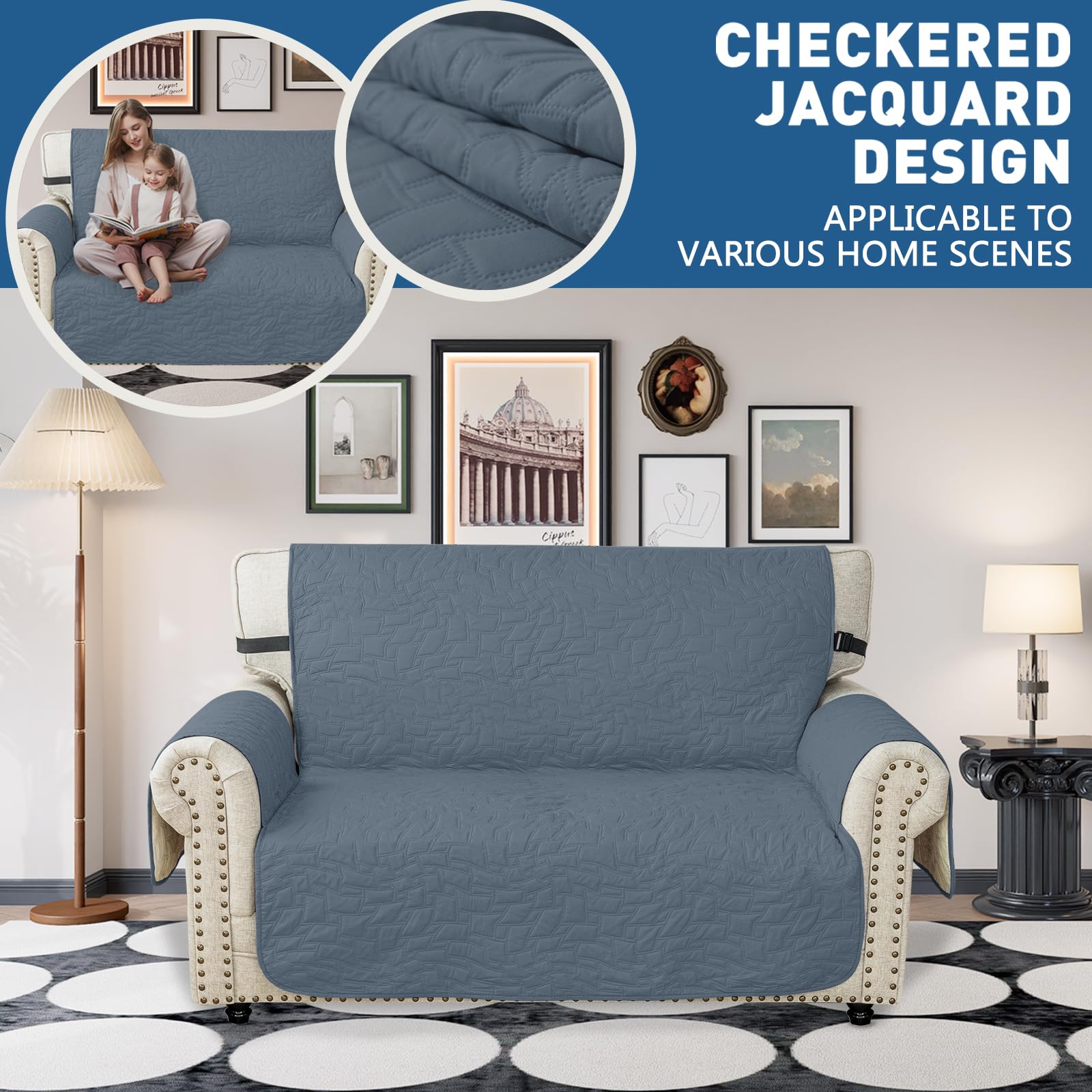Ystyle Copri Divano 2 Posti Con Braccioli, Impermeabile Copridivano Antigraffio Gatto Cani, Universale Copridivani Trapuntato Salvadivano, Sofa Cover Antiscivolo Antimacchia, Blu Grigio