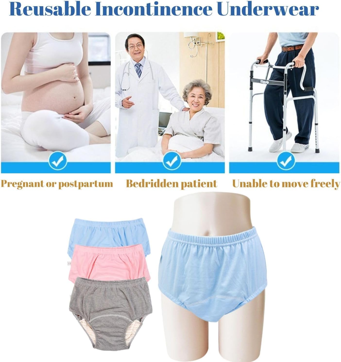 Paquete De 2 Ropa Interior para Incontinencia A Prueba De Fugas Bragas Reutilizables para Adultos Pañal De Tela con Inserciones para Ancianos Hombres Y Mujeres (Color : Blue, Size : L)